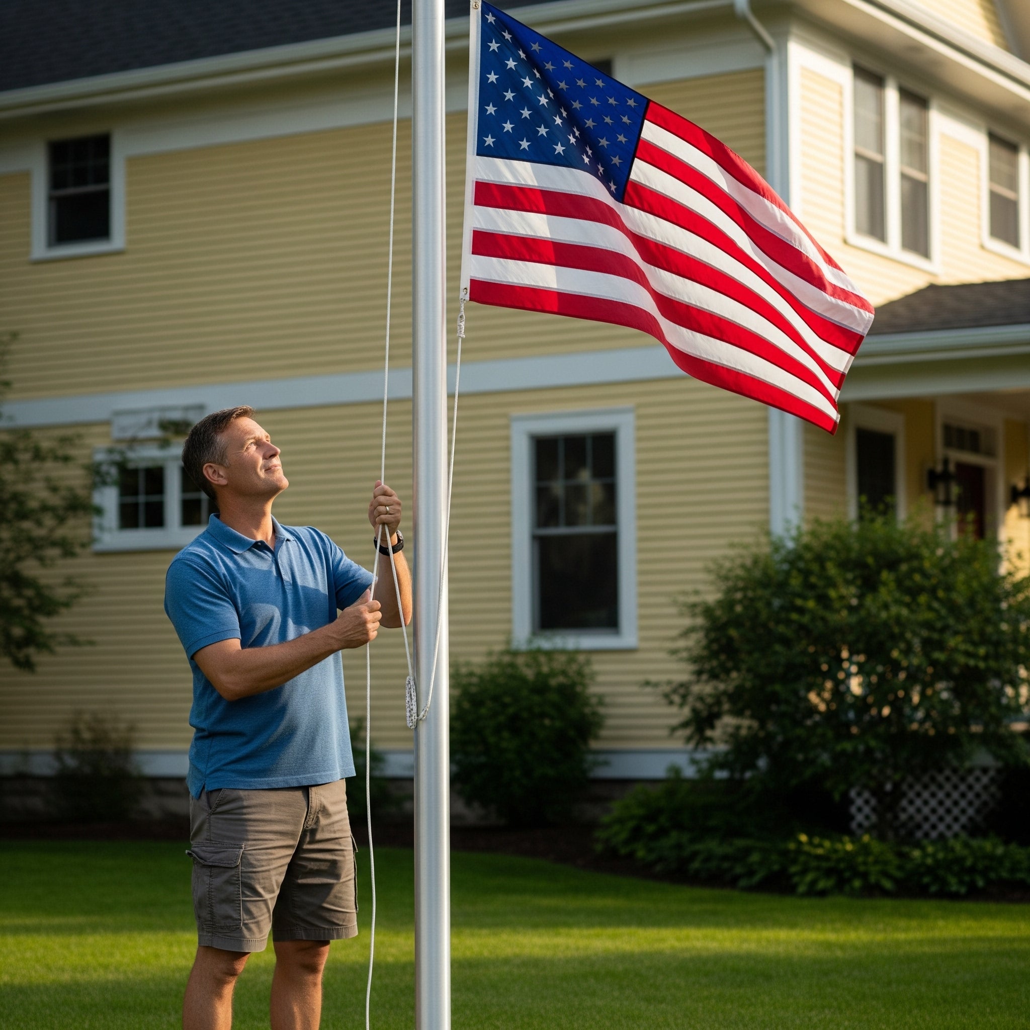 Patriotic American homeowner raising the U.S. flag on a silver aluminum flagpole in the front yard after replacing the halyard rope, with a modest home in the background.
